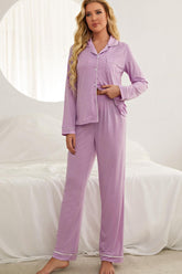 Contrast Piping Button Down Top and Pants Loungewear Set - Shah S. Sahota
